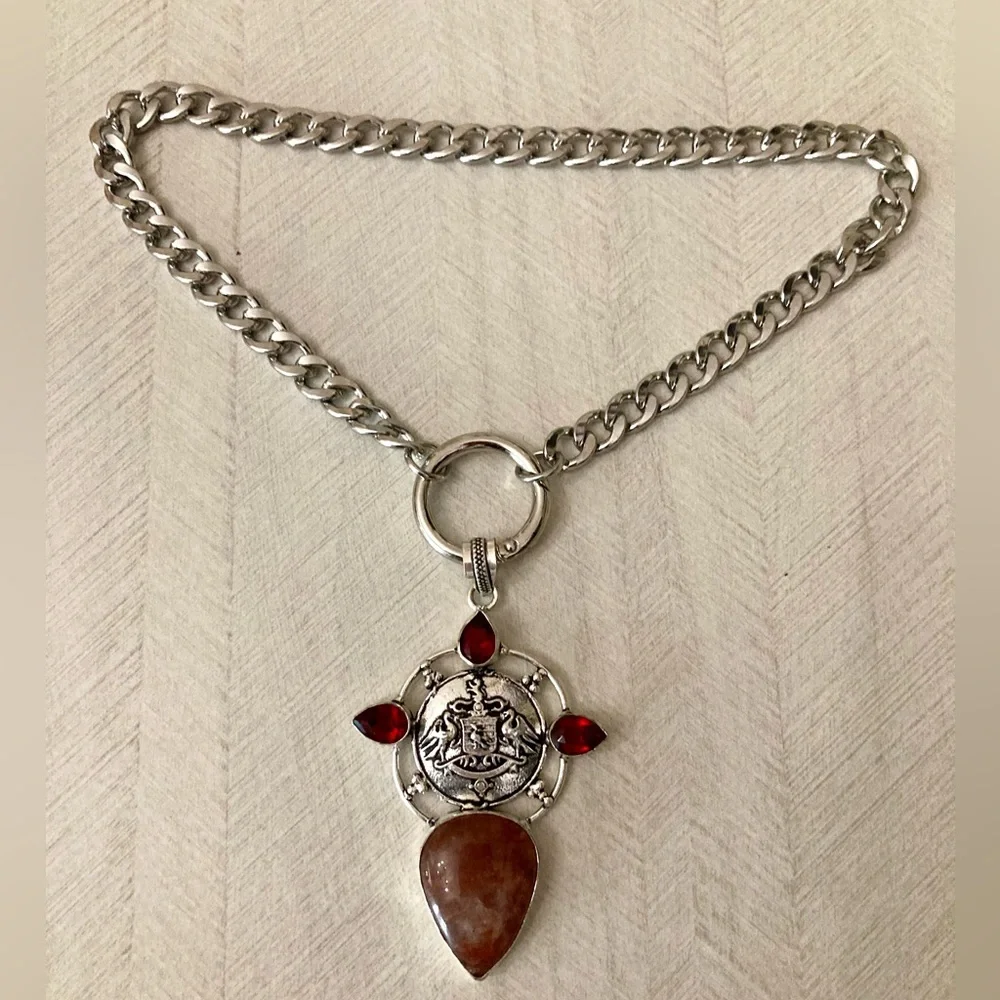 925 Sterling silver overlay orange brown agate & red garnet stones boho necklace - Picture 14 of 15